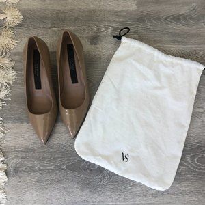 patent leather nude heels, low heel